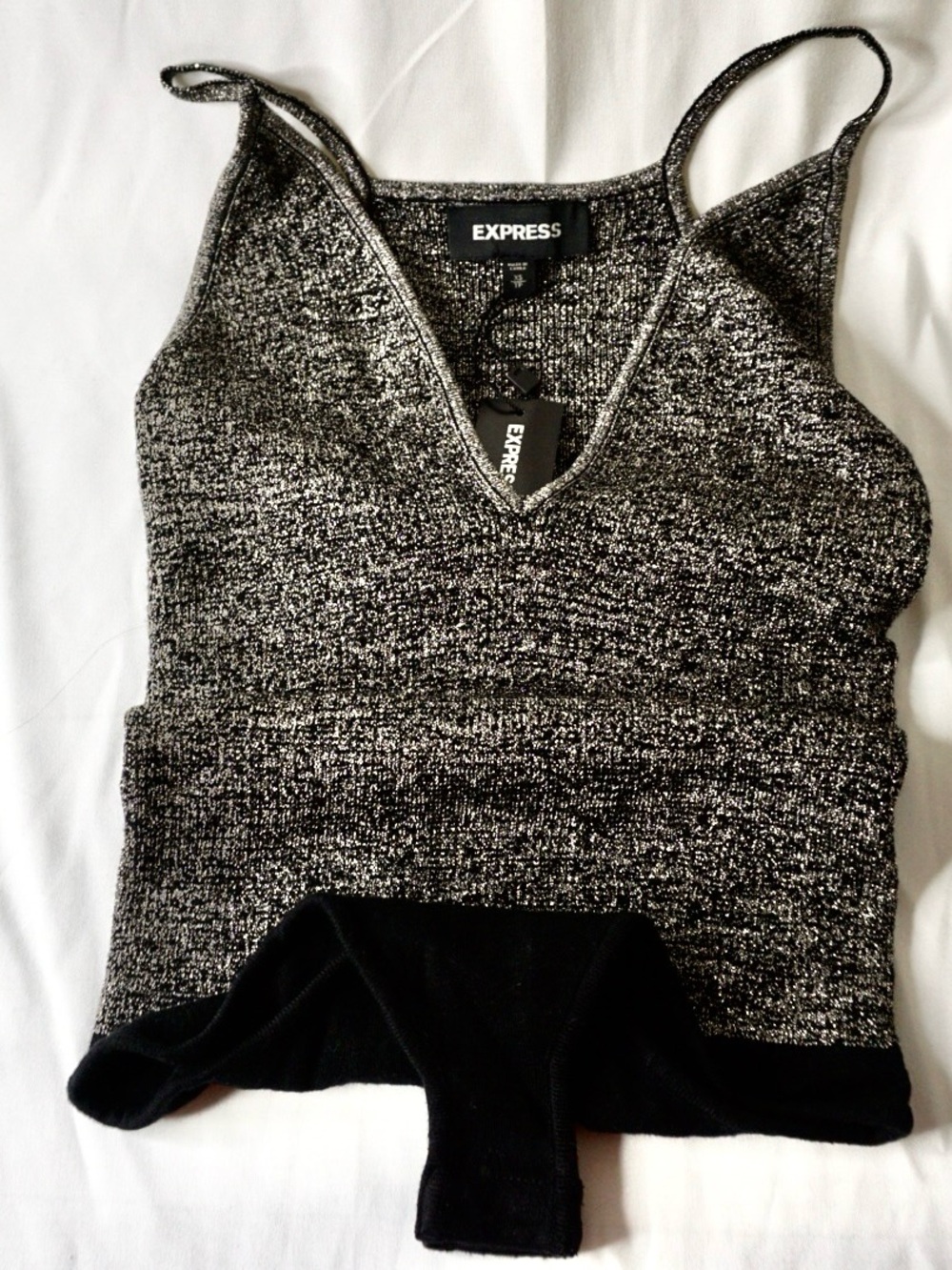 Express Black & Gray V-Neck Knit Bodysuit